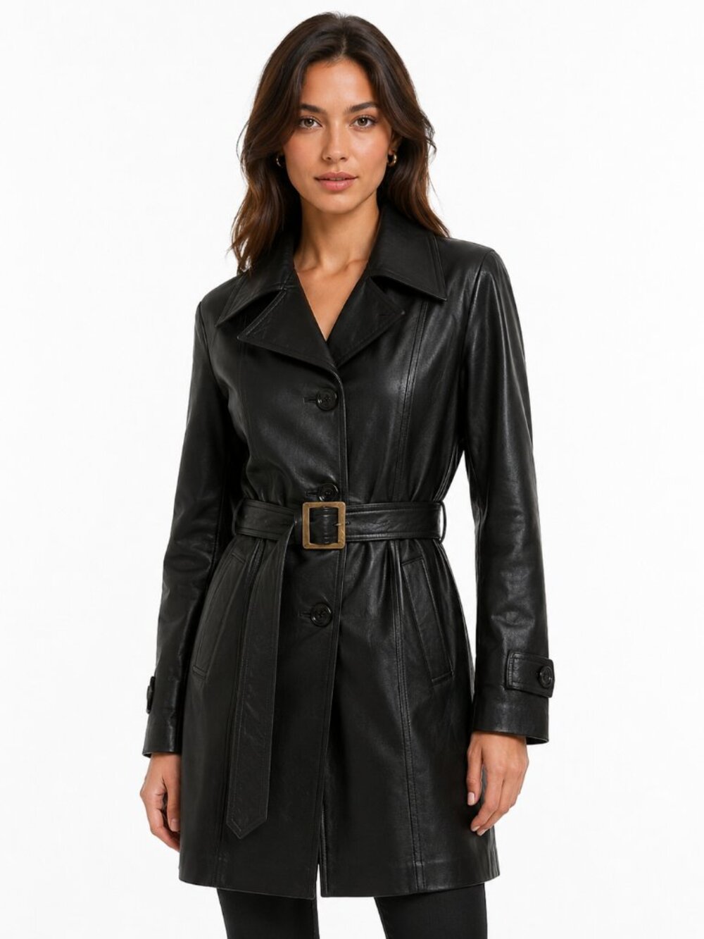 Vintage 70s Golden Swallow Dark Brown Leather Belted Trench Coat Fur Lined